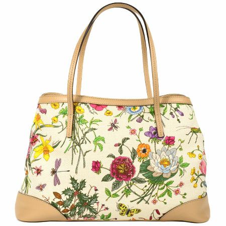 グッチ GUCCI フローラ キャンバス レザー トートバッグ ベージュ 花柄