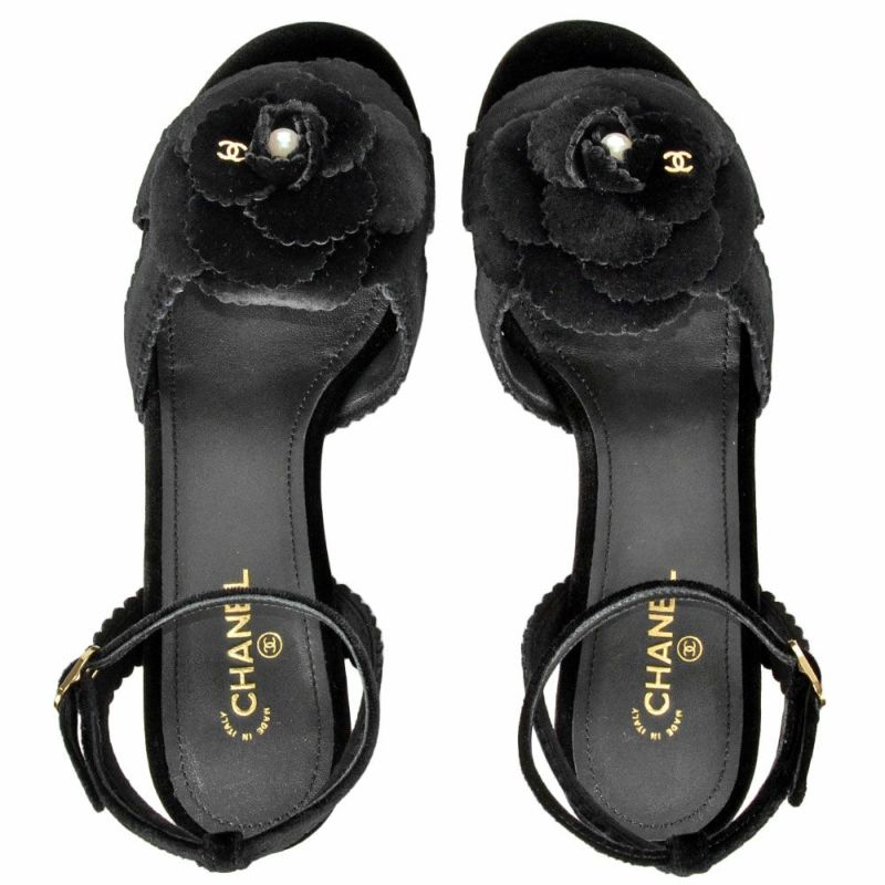 シャネル CHANEL カメリア ポインテッドトゥ サンダル ベルベット