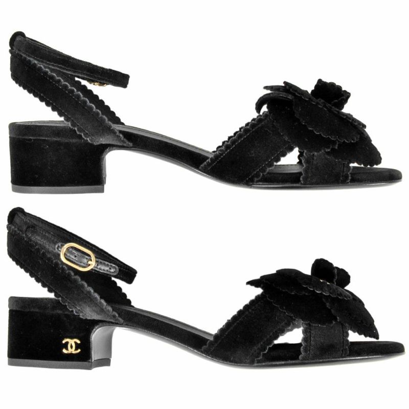 シャネル CHANEL カメリア ポインテッドトゥ サンダル ベルベット