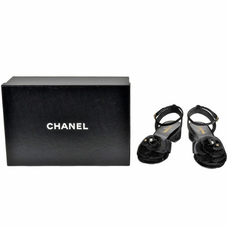 シャネル CHANEL カメリア ポインテッドトゥ サンダル ベルベット