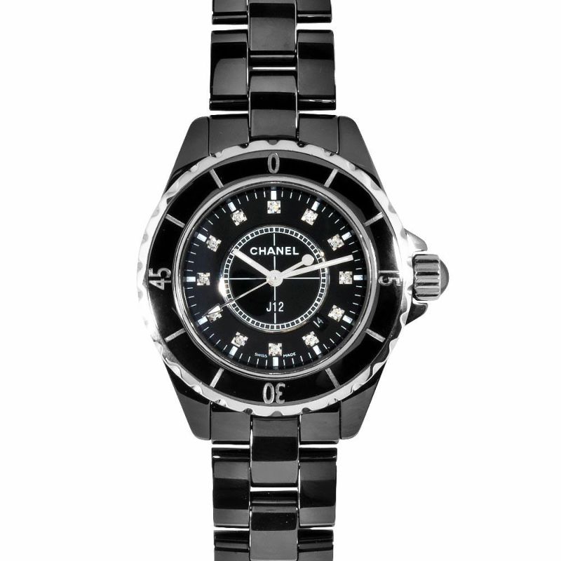 Rei。美品 CHANEL時計 J12 12Pブラック H1625 シャネル CHANEL H1625 J12 腕時計 ブラック文字盤 12P ダイヤ
