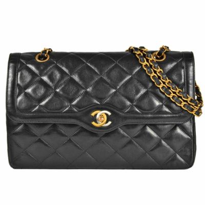 シャネル CHANEL マトラッセ Wフラップ チェーン ショルダーバッグ ラムスキン ブラック ゴールド金具 ココマーク パリ限定【中古】
